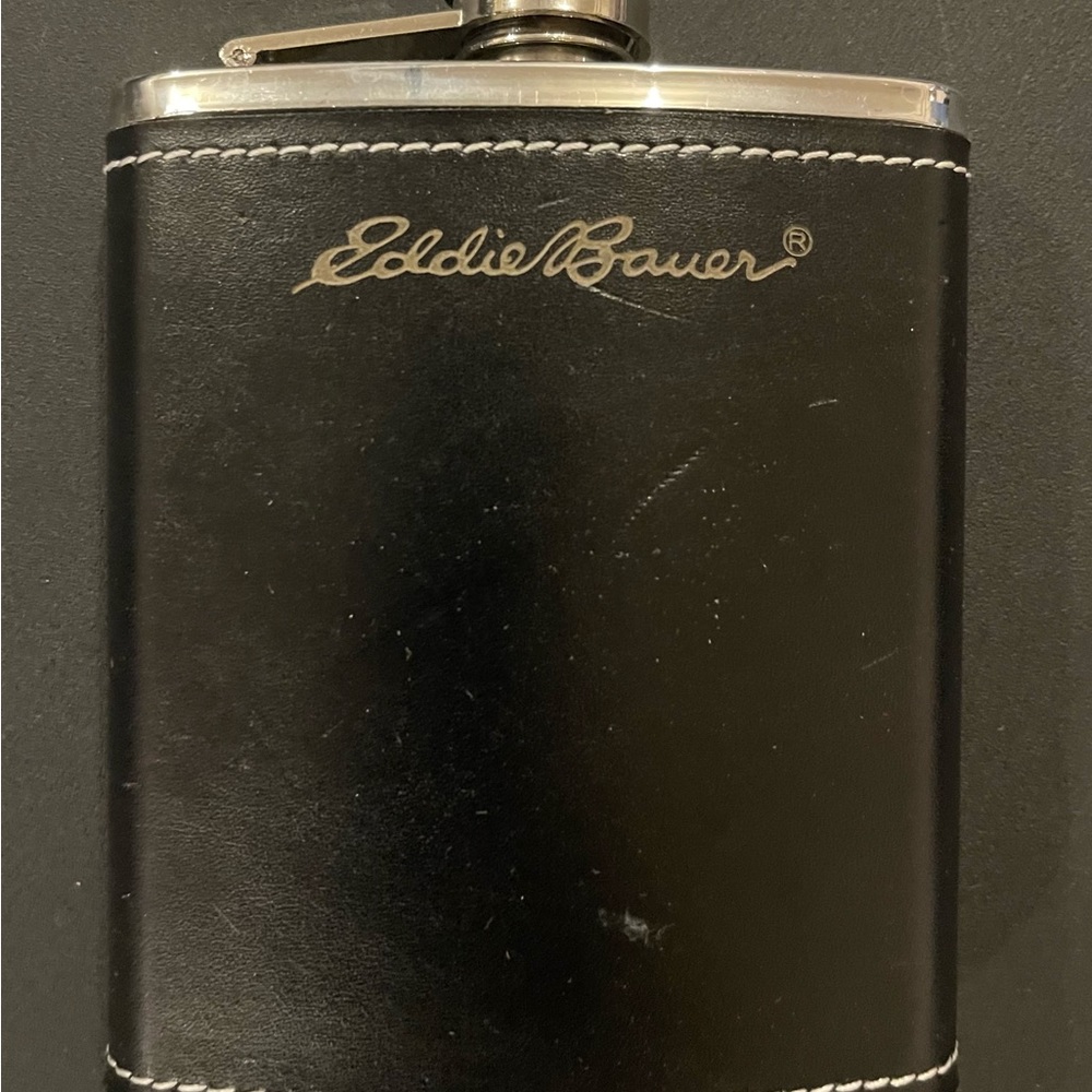 Eddie Bauer stainless steel leather wrapped flask with screw top